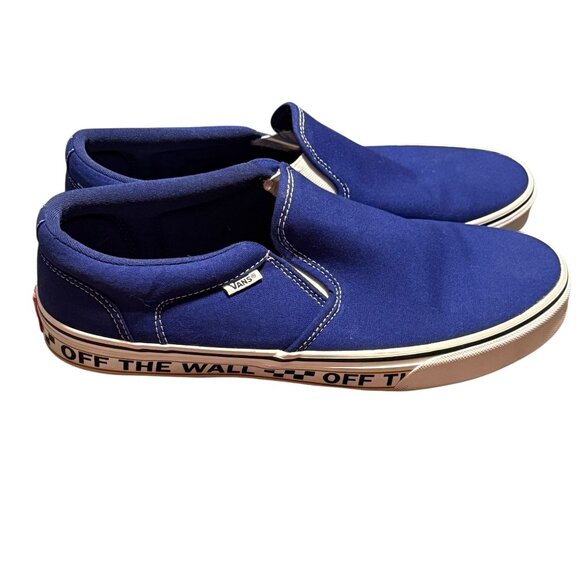 Vans Blue Slip-On Canvas Shoes With "Off The Wall" Sole Design mens size 13 - Picture 3 of 10
